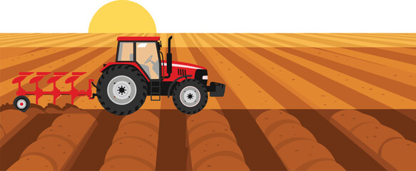 Red, tractor, plowing, farm, field, at, sunset, agriculture, machinery, working, on, soil, rural, landscape, illustration, for, agribusiness, and, farming, concepts. © Faruk Here