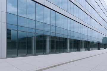 Fototapeta premium Modern Office Building Exterior with Glass Facade Reflecting Cloudy Sky, showcasing contemporary architecture