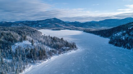 Serene Winter Landscape: Aerial View of Frozen Lake Surrounded by Snow-Covered Mountains and Forest