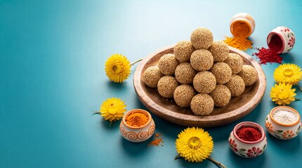 Delicious tilgul ladoo stacked on a plate, surrounded by yellow marigold flowers and colorful powders for makar sankranti festival celebration