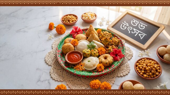 Traditional bengali poila boishakh or bengali new year food platter with sweets, snacks, and greeting board
