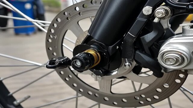Close-up view of bicycle brake system showing detail of disc brake and caliper in urban setting during daylight