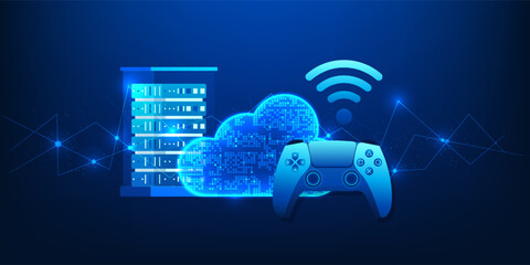Cloud Game Technology Background with Game Controller and Server Data Center, Online Game Streaming, High Performance Cloud Computing, Digital Entertainment, Remote Gaming Infrastructure, Gaming