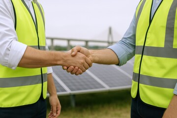 Engineers shaking hands near solar panels, showcasing renewable energy partnership and sustainable development initiatives outdoors