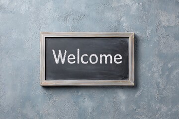 A chalkboard with "Welcome" written in white chalk, surrounded by a textured stone wall, with soft light casting shadows