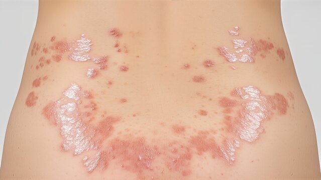 Close-up view of severe psoriasis patches with scaly red inflamed skin on lower back area showing typical symptoms of chronic skin condition