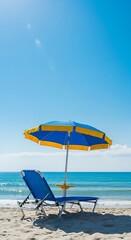 Beach Relaxation - Blue Chair and Umbrella by the Sea.