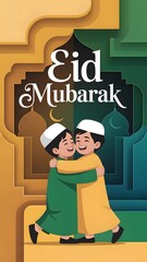 Eid Mubarak greeting card for mobile featuring two happy kids hugging in front of mosque