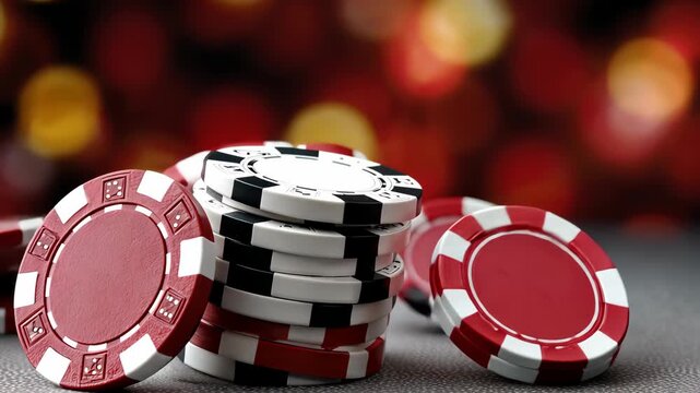 Watching red and black betting chips stack up as players wait for the next round at a casino table during a busy night of games and action