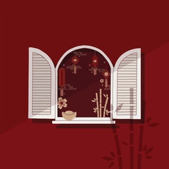 Chinese New Year decorative window facade in flat minimal hand drawn element illustration style, traditional lanterns, bamboo, and oriental ornaments vector design. Asian Lunar New Year celebration