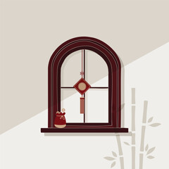 Chinese New Year decorative window facade in flat minimal hand drawn element illustration style, traditional lanterns, bamboo, and oriental ornaments vector design. Asian Lunar New Year celebration