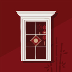 Chinese New Year decorative window facade in flat minimal hand drawn element illustration style, traditional lanterns, bamboo, and oriental ornaments vector design. Asian Lunar New Year celebration