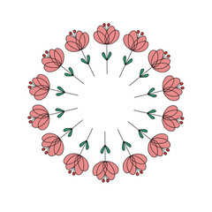 Round frame. Abstract bright flowers and leaves. A set of simple plant drawings. Banner with space for text, suitable for invitations, cards, and greetings. Illustration, doodle, background.