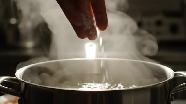 Chef adding salt to boiling water in stainless steel pot preparing ingredients for cooking meal
