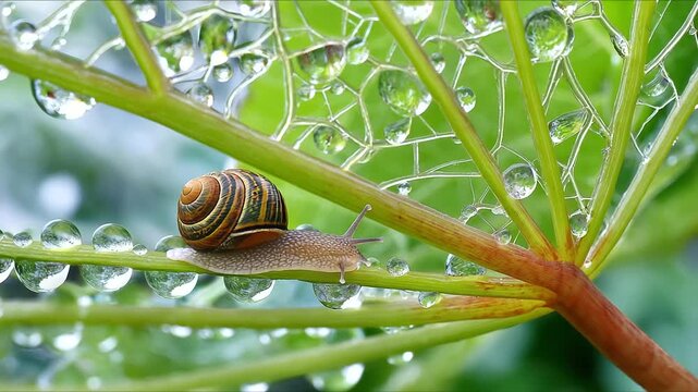 A snail moving across dewy leaf, tiny water droplets magnifying veins into intricate stained-glass patterns