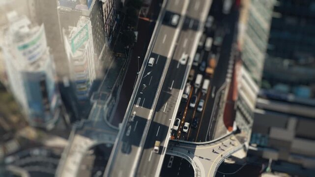 Miniature tilt-shift effect of urban highway traffic