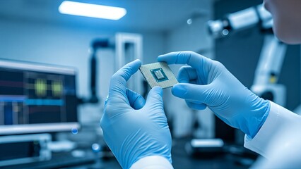 Close-up view of a technician inspecting a microchip in a high-tech laboratory environment with advanced computer systems in the background