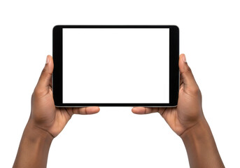 Hands holding tablet screen isolated on transparent background