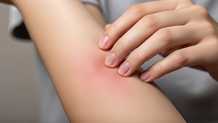 Fototapeta premium Close-up of a person scratching an irritated red patch on the inner arm showing skin discomfort or allergic reaction
