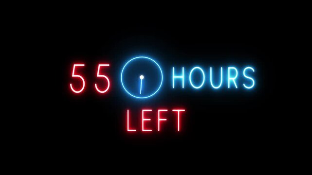 Neon countdown clock animation. Neon 55 Hours timer clock. Neon countdown text timer number.