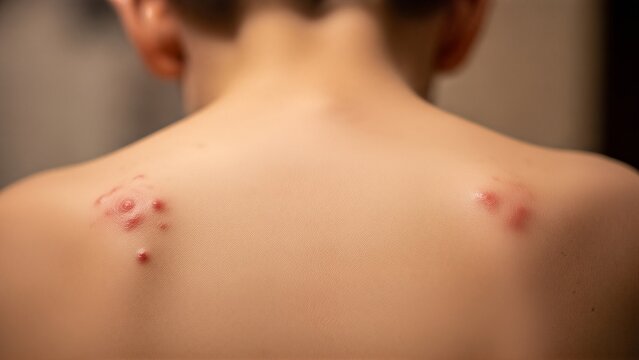 Close-up view of a child's back showing clusters of red inflamed pustules and skin infection blemishes focused on upper shoulder areas