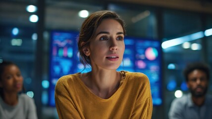 Confident businesswoman leads meeting discussing data analytics and financial strategy for company growth