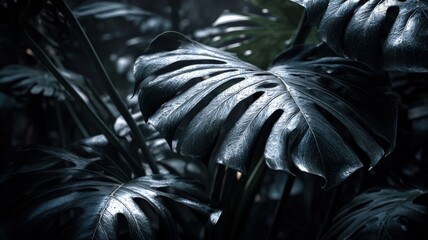 Obraz premium Dramatic Monstera Deliciosa Plant Close-Up: Captivating Botanical Beauty in Deep, Moody Tones, Ideal for Nature-Inspired Designs