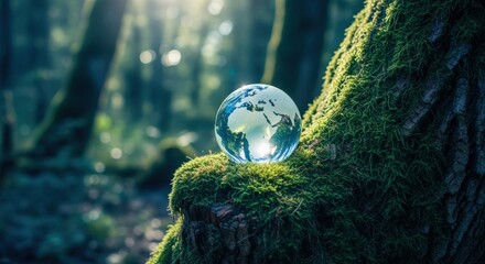 Glass Earth Globe Nestled on Mossy Tree Branch in a Lush Green Forest