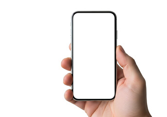 Hand holding smartphone isolated on transparent background