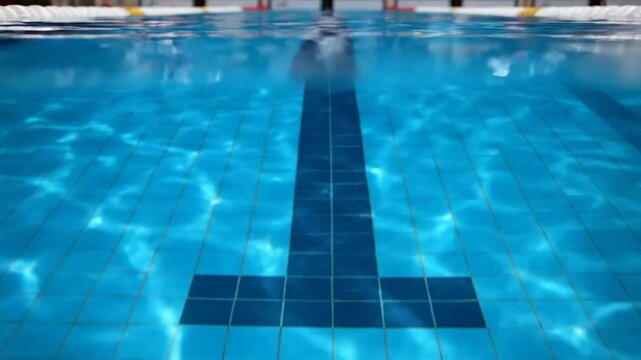 Underwater view of a swimming pool with a large black T-shaped marking in the center