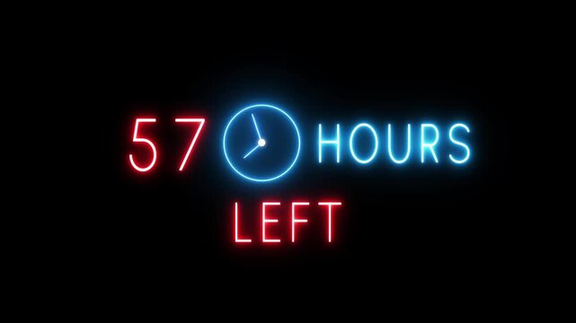 Neon countdown clock animation. Neon 57 Hours timer clock. Neon countdown text timer number.