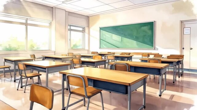 Empty classroom illustration with desks, chairs, and a green chalkboard, bathed in soft sunlight.