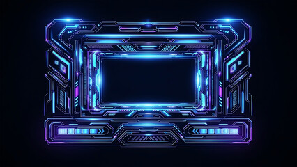 Vibrant Neon Blue and Purple Gaming Streamer Overlay Frame with High Tech Details and Futuristic Glowing Interface Design