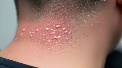 Close-up of irritated skin on back of neck with clusters of small white fluid-filled blisters indicating a possible skin condition