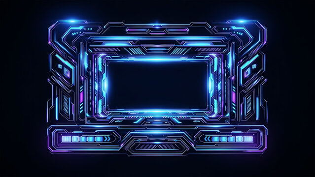 Vibrant Neon Blue and Purple Gaming Streamer Overlay Frame with High Tech Details and Futuristic Glowing Interface Design - Powered by Adobe
