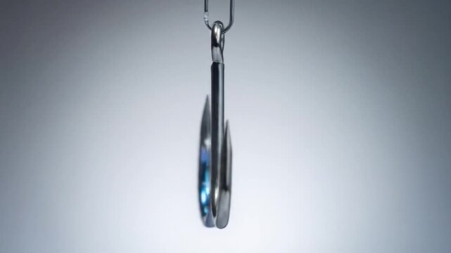 A close-up of a double fishing hook, suspended against a gradient gray background