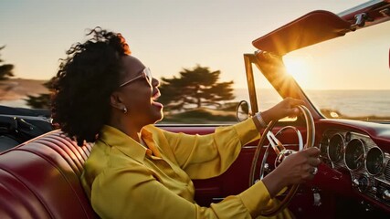 A woman beams with delight as she navigates a vintage convertible along a stunning coastal road, the warm golden hues of sunset enveloping her in a moment of pure freedom and bliss.