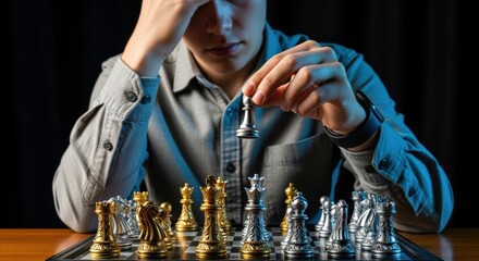 Strategic Chess Game: A Young Man Deep in Thought Contemplating His Next Move