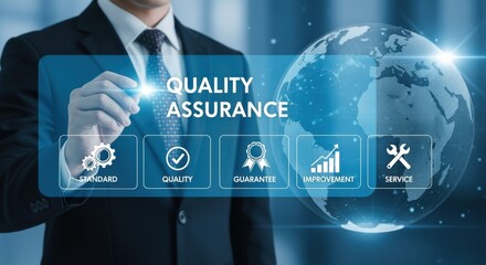 Quality Assurance Concept with Businessman Touching Virtual Screen Displaying Icons and Global Network Visualization