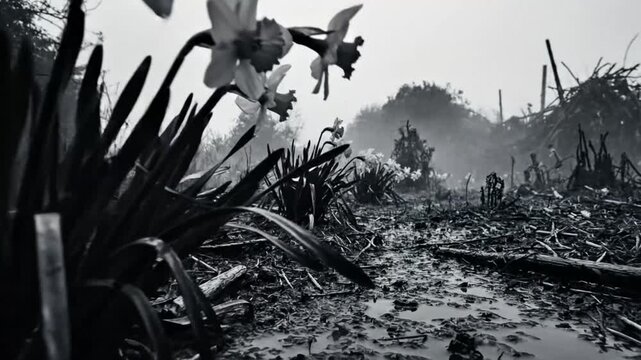 Black and white shot of daffodils blooming in a misty, moody field with twigs and water.