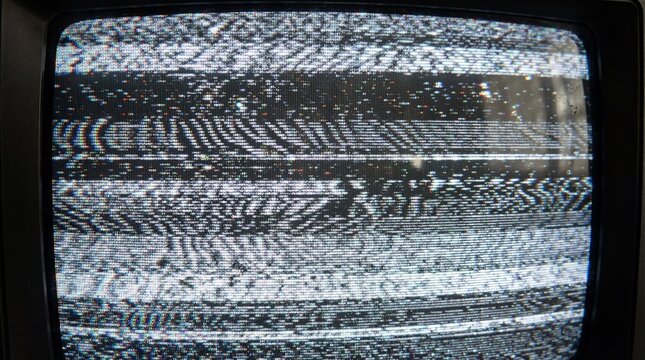 Detailed close-up of classic CRT television screen displaying heavy static noise, white snow, and electronic interference; retro analog TV signal failure background texture.