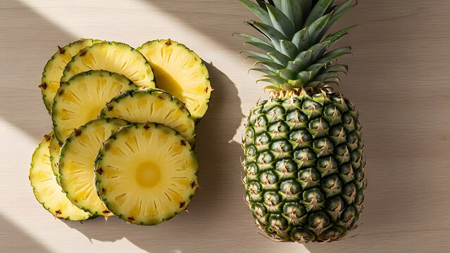 Fresh pineapple slices and whole pineapple on a wooden surface.