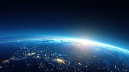 Fototapeta premium Earth From Space: A Stunning View of City Lights and Atmospheric Glow at Sunrise