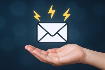Hand Holding Email Icon with Lightning Bolts: Communication, Messaging, and Electronic Mail Concept