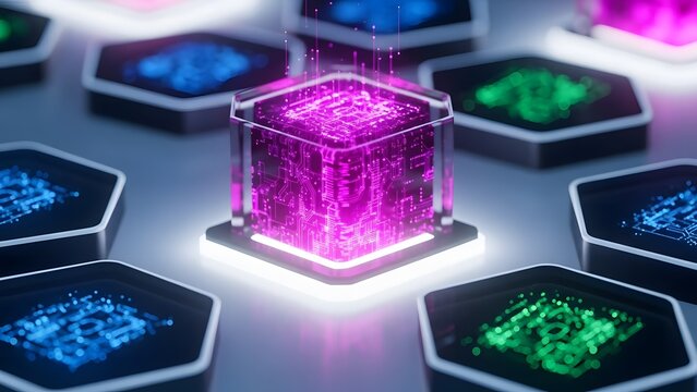 Quantum computing technology concept with glowing magenta circuit cube and data visualization - Powered by Adobe