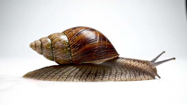Close-up of a giant African land snail gliding across a wet surface against a plain white background