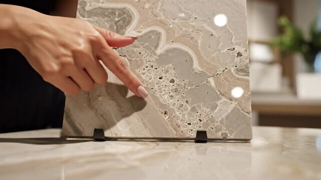 Examining a square marble tile, highlighting its unique texture and elegant patterns with natural variations