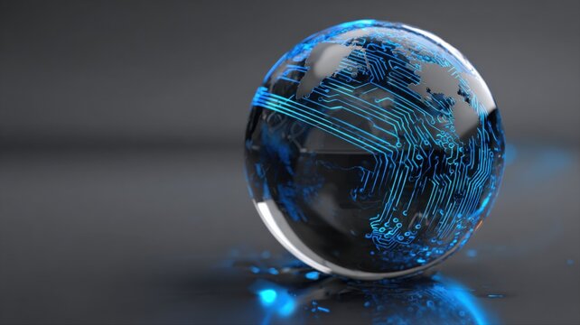 Global Network Technology: Conceptual Image of a Glass Sphere Reflecting Data Streams and Connectivity - Powered by Adobe