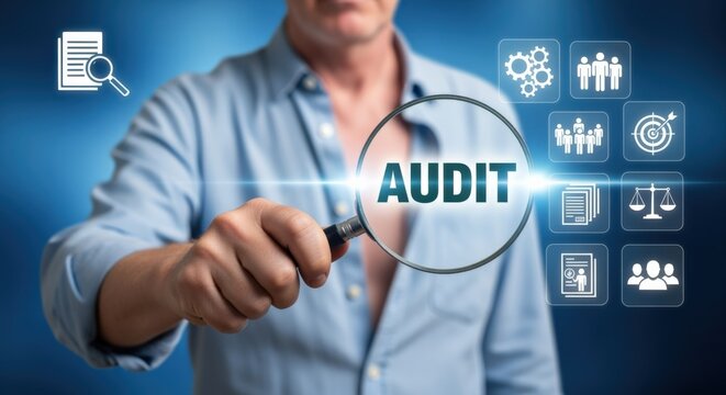Business Audit and Compliance Concept: Man Holding Magnifying Glass with Audit Text on Blue Background - Powered by Adobe