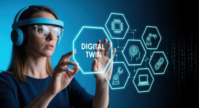 Woman Using Futuristic Augmented Reality Glasses Interacting with Digital Twin Technology Interface for Engineering - Powered by Adobe